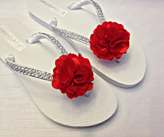 Hochzeit - Bridesmaid Flip Flops, Red Flower Flip Flops, Red Satin Flower, Bling, Bridal, Bride, Bridesmaids Flower Girl Beach Rhinestones