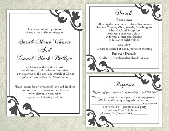 Hochzeit - Printable Wedding Invitation Suite Printable Invitation Set Elegant Wedding Invitation Black Invitation Download Invitation Edited jpeg file