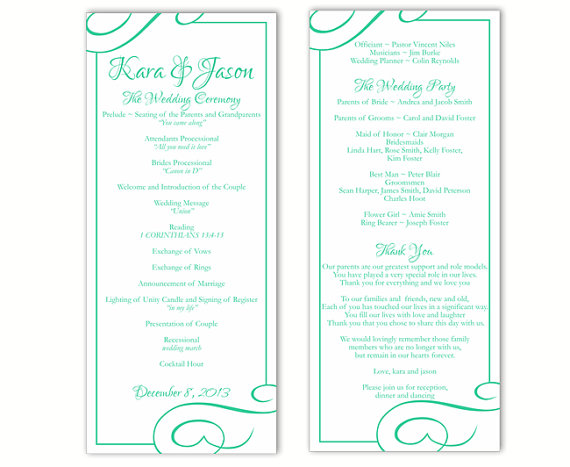 Свадьба - Wedding Program Template DIY Editable Text Word File Download Program Aqua Wedding Program Blue Program Printable Wedding Program 4x9.25inch