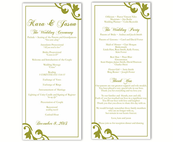 Wedding - Wedding Program Template DIY Editable Text Word File Download Program Olive Program Green Program Printable Wedding Program 4x9.25inch