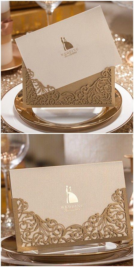 Hochzeit - Modern Elegant Metallic Brown Laser Cut Wedding Invitations EWWS007