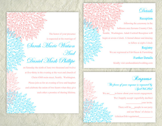 Hochzeit - DIY Wedding Invitation Template Set Editable Text Word File Download Printable Floral Invitation Pink Wedding Invitation Blue Invitations