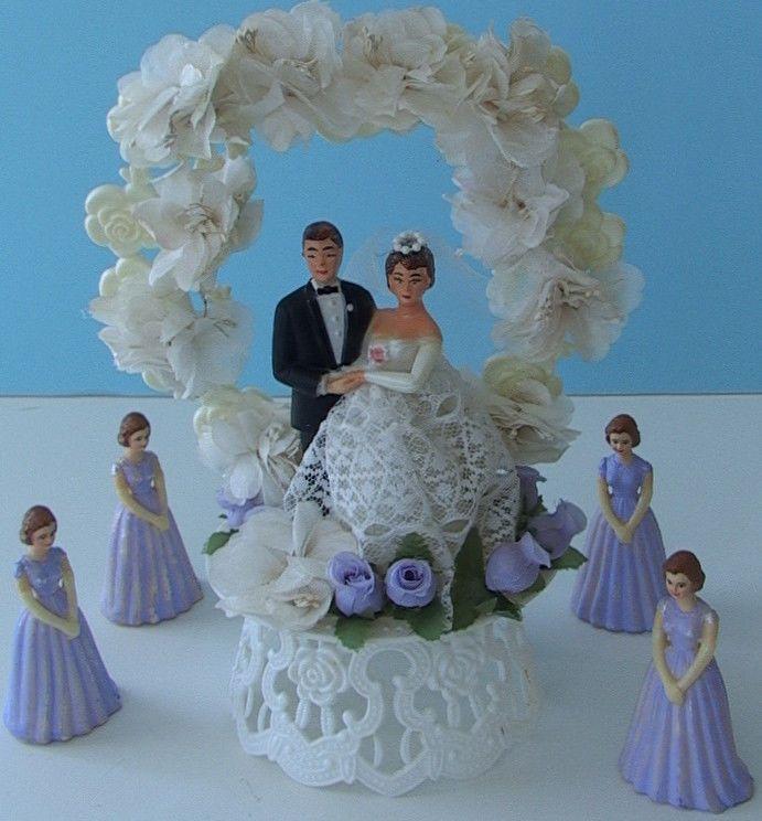 Wedding - Vintage 1970's Wedding Cake Topper BRIDE & GROOM W LILAC BRIDESMAIDS & ROSES