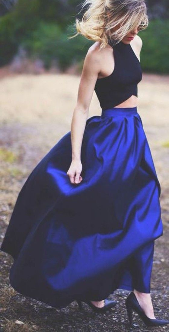 زفاف - Blue Plain Ruffle Loose Fashion Party Long Skirt