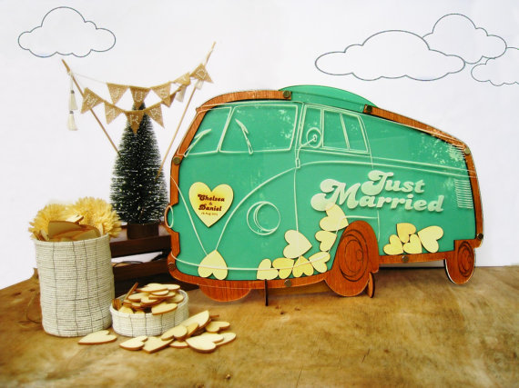 Wedding - VW Camper Van Wedding Guestbook Alternatives Drop Top Wooden Hearts Personalized Mint Green Vintage Wedding Anniversary Party
