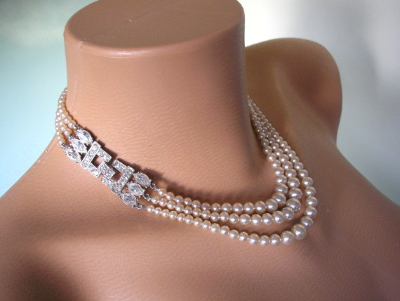 Wedding - Art Deco Pearls, Great Gatsby, Pearl Necklace, 1920s, Three Strand, Cream Pearl, Rhinestone, Choker, Mother Of The Bride