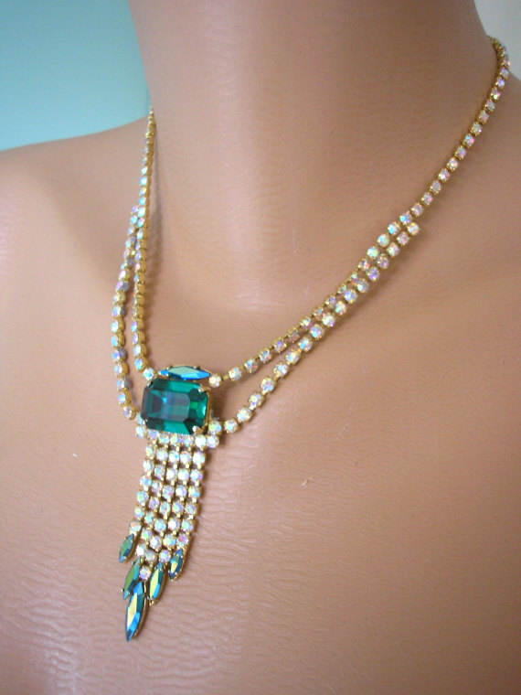 زفاف - Great Gatsby Jewelry, Emerald Necklace, Art Deco, Green Rhinestone, Aurora Borealis, Waterfall Necklace, Christmas Gift, Gift For Her