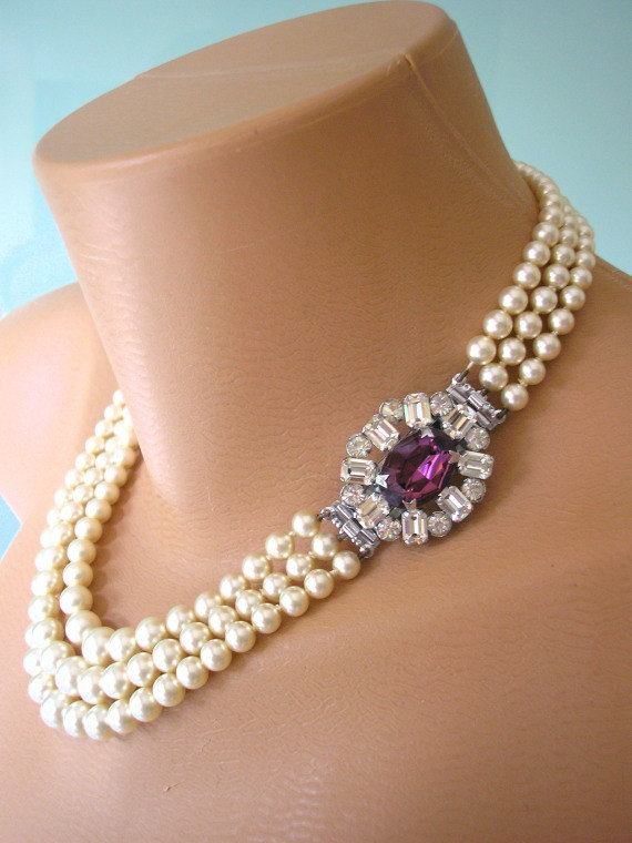 Свадьба - AMETHYST Necklace, Pearl Choker, Great Gatsby, Art Deco, Wedding, Statement Necklace, Bridal Jewelry, Purple Rhinestone, Lotus Pearls
