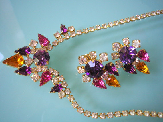 زفاف - PURPLE Jewelry Set, Necklace and Earrings Set, Crystal Necklace, Rhinestone Choker, Vintage Bridal, Mother of the Bride, Great Gatsby