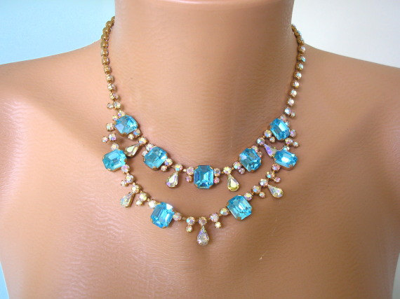 Mariage - TURQUOISE Rhinestone Necklace Great Gatsby Art Deco Wedding Necklace Turquoise Diamante Choker Teal Choker Aqua Necklace Blue Jewelry
