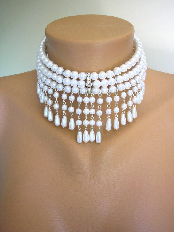 Hochzeit - White Pearl Choker, Bridal Necklace, Great Gatsby, Bridal Set, Pearl Necklace, Pearl Collar, Backdrop Necklace, Art Deco, Bridal Jewelry