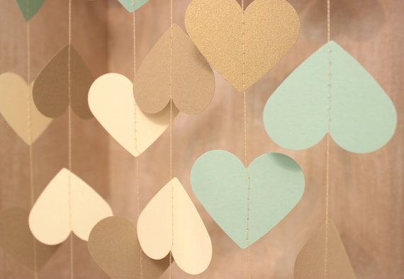 Mariage - Wedding Garland, Mint Green, Gold & Cream Paper Garland 10 Ft - Bridal Shower, Baby Shower, Party Decorations, Bridal Suite, 3 Inch Hearts