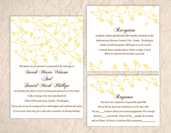 Hochzeit - DIY Wedding Invitation Template Set Editable Text Word File Download Printable Invitation Yellow Wedding Invitation Heart Invitation