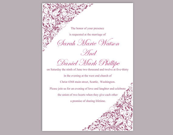 Свадьба - DIY Wedding Invitation Template Editable Text Word File Download Printable Invitation Eggplant Wedding Invitation Floral Invitation Purple