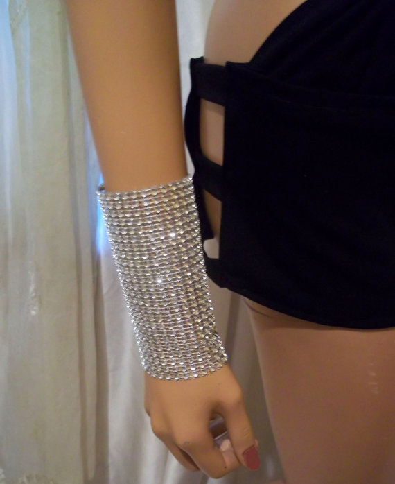 Mariage - Beautiful & Sexy Long Silver Beaded Bling Cuff Bracelet, Sparkly Silver Look Bracelet, Rhinestone Look Bracelet Silver Arm Cuff, Arm Warmers