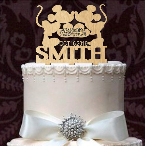 زفاف - Mickey and Minnie mouse silhouette personalized wedding cake topper, mr and mrs wedding cake topper with last name and event day - rustic