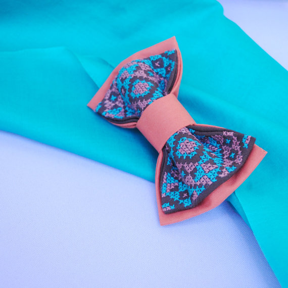 Wedding - Bow tie for men Hand embroidered brown bowtie with bright turquoise pattern Weddings bowties Men's ties Accessories for men Gift idea Xmass
