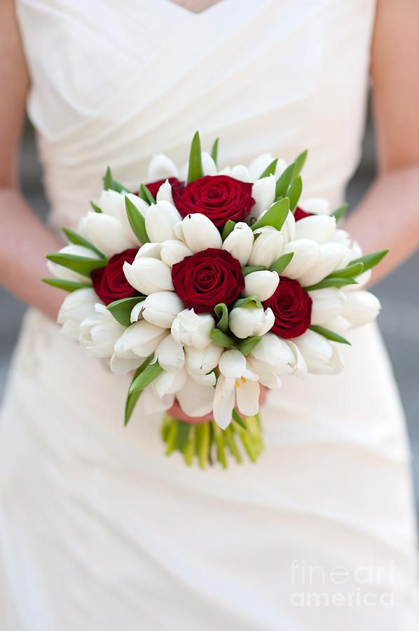 Hochzeit - Red Rose And White Tulip Wedding Bouquet Print By Lee Avison