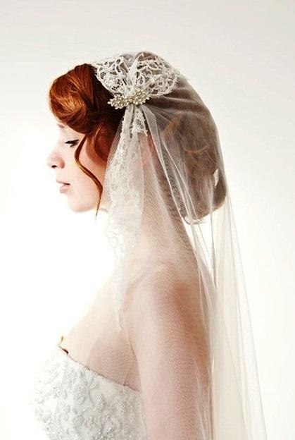 Mariage - Bridal Juliet Cap Wedding Veil With French Beaded Chantilly Lace - Touch Of Love - Made To Order