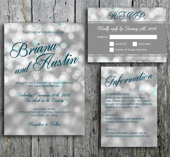 Wedding - Winter Wedding Invitation with Bokeh Lights - Invitation, RSVP and Guest Information Card for print