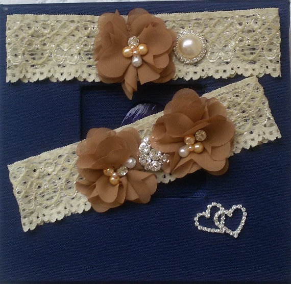 Свадьба - Wedding leg garter, Wedding Garters, Bridal accessoary, coffee wedding garter, Chiffon Flower Rhinestone Lace Garters