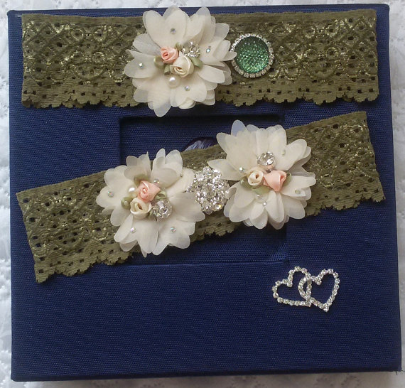 Hochzeit - Wedding leg garter, Wedding Garters, Bridal accessoary, Oil green wedding garter, Chiffon Flower Rhinestone Lace Garters