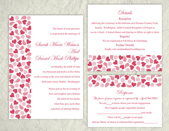 Hochzeit - Printable Wedding Invitation Suite Printable Invitation Pink Red Wedding Invitation Heart Invitation Download Invitation Edited jpeg file