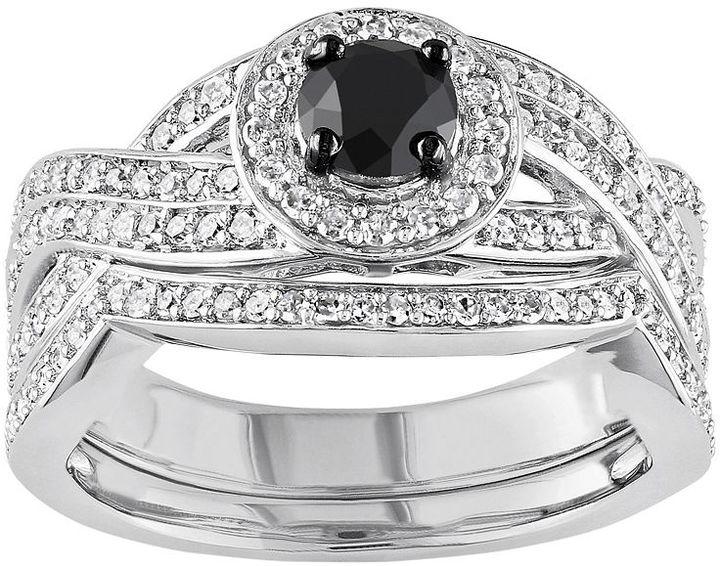 Wedding - Black & White Diamond Halo Engagement Ring Set in Sterling Silver (1 ct. T.W.)