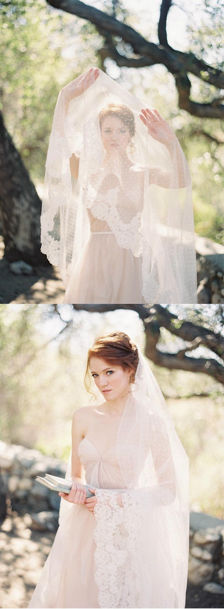 Wedding - Circular Ivory Wedding Bridal Veil With Polka Dots And Beaded Lace, Dotted Blusher Veil - Allure