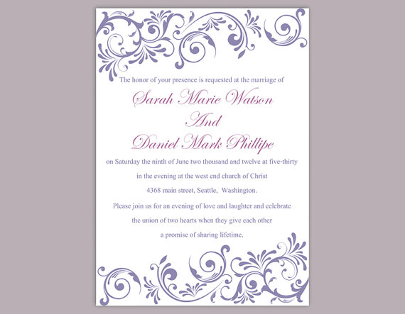 Mariage - DIY Wedding Invitation Template Editable Text Word File Download Purple Wedding Invitation Purple Invitations Printable Invitation