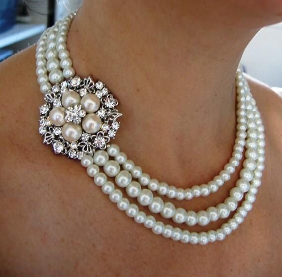 زفاف - Bridal Necklace, Pearly Necklace ,wedding Necklace - Ivory Swarovski Pearls And Rhinestone Necklace,pearl Bridal Jewelry