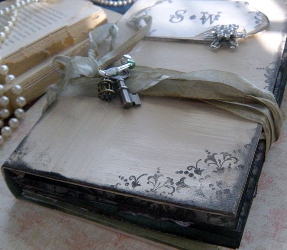 Mariage - Wedding Guest Book Handmade Custom In Shabby Chic Vintage Style