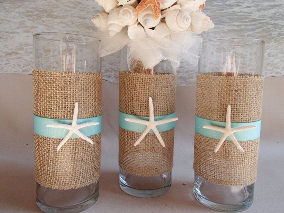 Mariage - Set Of 3 Starfish & Burlap Beach Vase Centerpieces - Nautical Coastal Wedding Centerpiece Vases Sand Dollar Candle Holders Holder Flowers