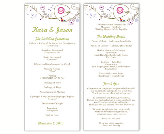 Hochzeit - Wedding Program Template DIY Editable Text Word File Download Program Colorful Wedding Program Bird Floral Program Printable Program 4x9.25"