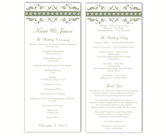 Свадьба - Wedding Program Template DIY Editable Text Word File Download Program Olive Green Wedding Program Floral Program Printable Program 4"x9.25"