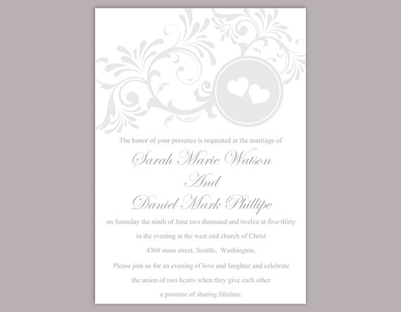 Mariage - DIY Wedding Invitation Template Editable Text Word File Download Printable Silver Invitation Gray Wedding Invitation Heart Invitation