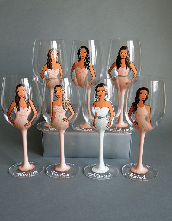 Hochzeit - Bridal Party Wine Or Champagne Glasses Bridesmaids Gift - Personalized Caricatures Handpainted To Their Likeness