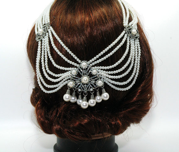 Wedding - Wedding Hair Jewelry, Bridal Headpiece, Pearl Headpiece, Back Hair Chain Accessory, 1920s Art Deco Headpiece, Vintage Style Wedding