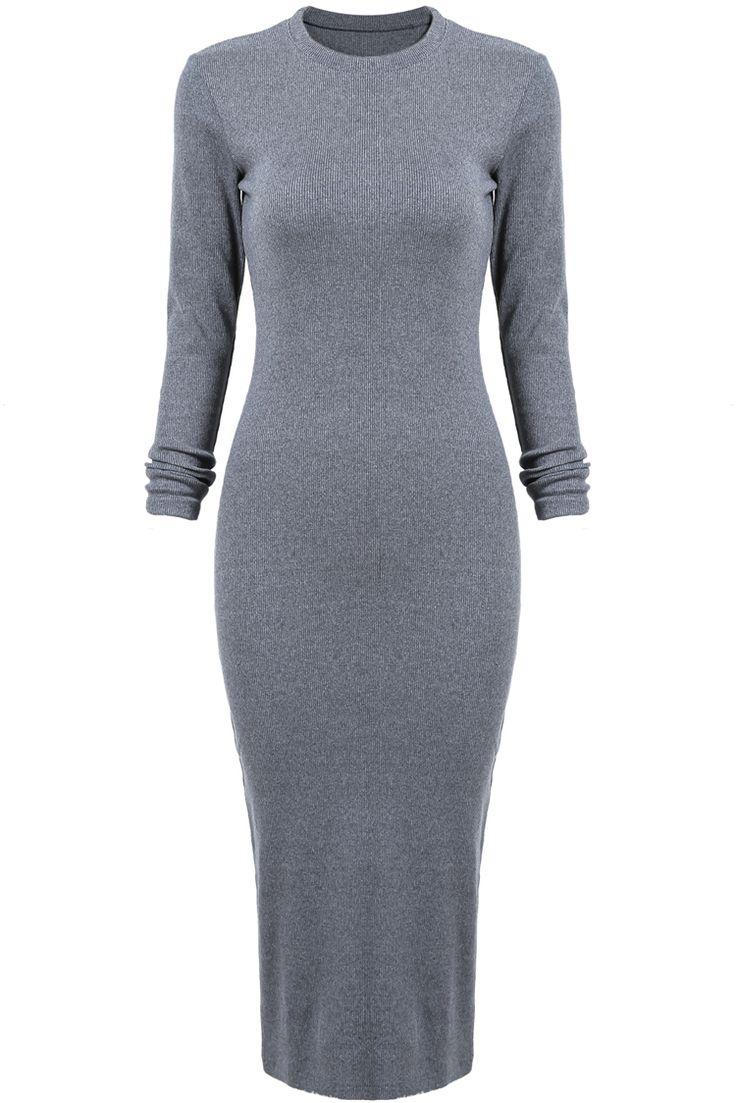 زفاف - Grey Long Sleeve Skinny Split Dress -SheIn(Sheinside)