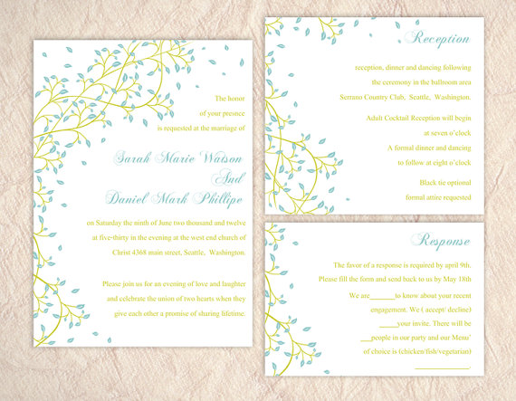 Mariage - DIY Wedding Invitation Template Set Editable Text Word File Download Printable Green Invitation Leaf Wedding Invitation Blue Invitations