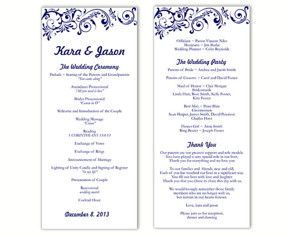 Wedding - Wedding Program Template DIY Editable Text Word File Download Program Midnight Blue Wedding Program Printable Wedding Program 4x9.25inch