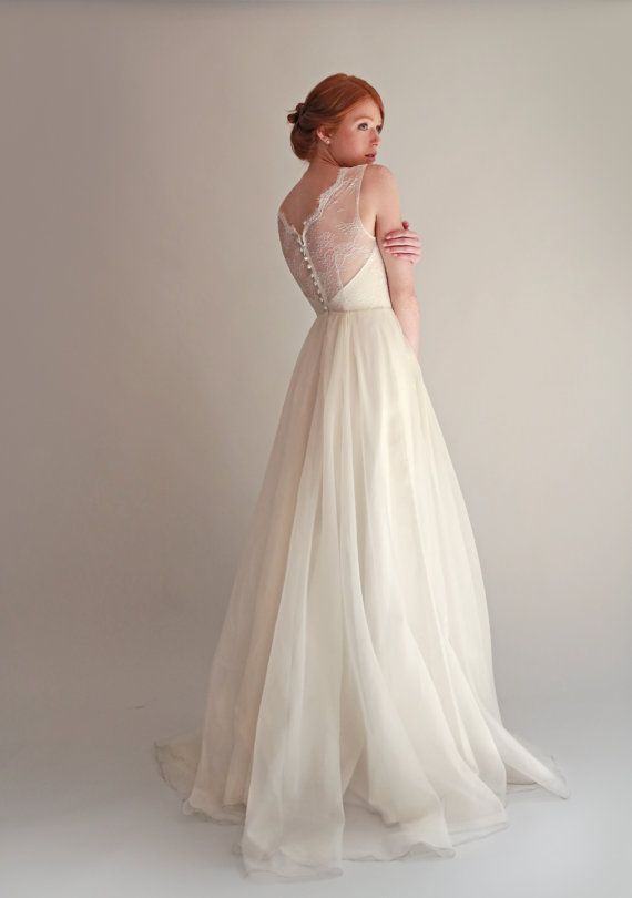 Hochzeit - Lace Illusion Bodice With Organza Skirt Wedding Gown - Janelle