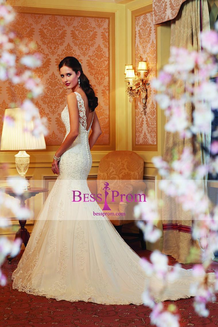 Hochzeit - tulle chapel train beads applique 2015 wedding dress - bessprom.com
