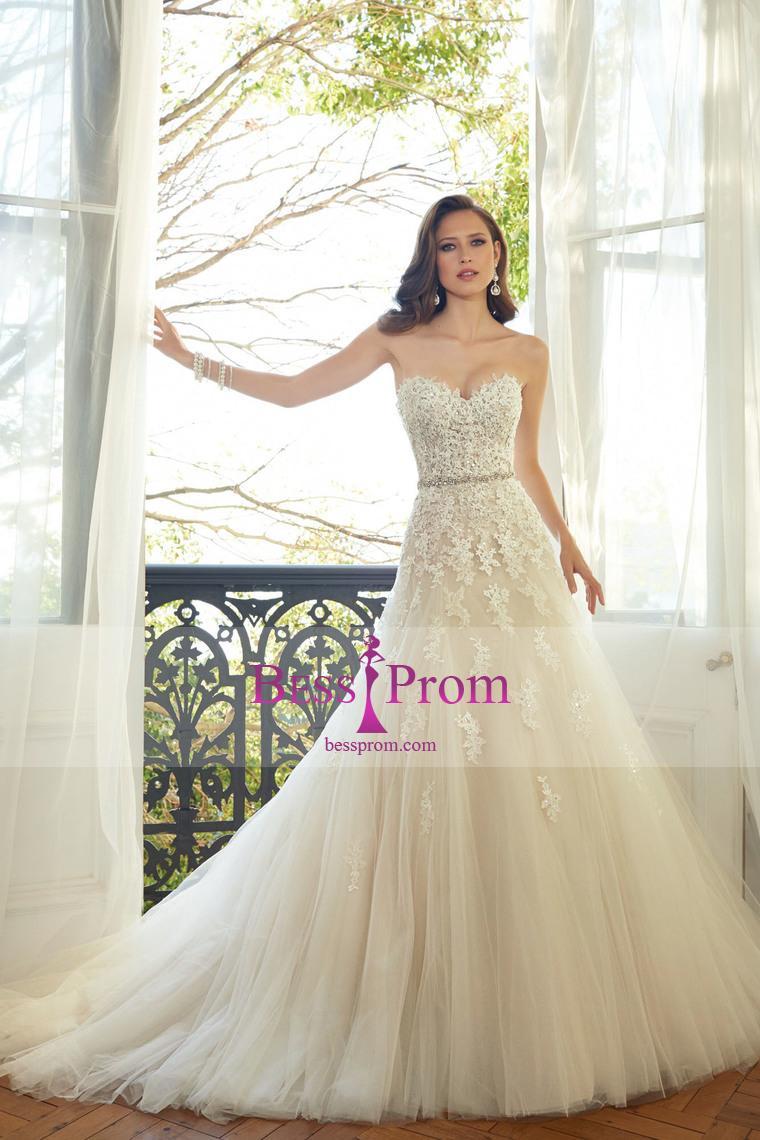 زفاف - applique tulle 2015 sweetheart court train wedding dress - bessprom.com