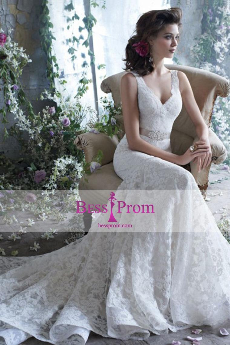زفاف - vintage lace v-neck wedding dress - bessprom.com