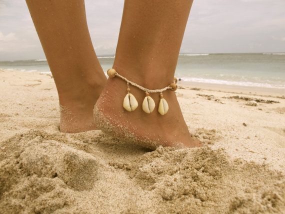Wedding - Driftwood Cowrie Anklet, Wooden Beaded With Cowrie Shells And Cotton Tassel