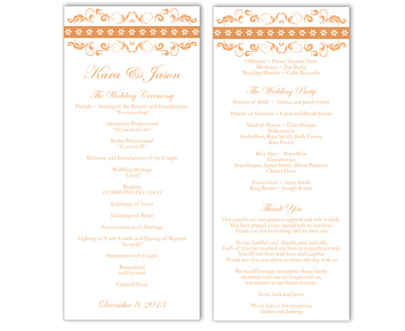 Свадьба - Wedding Program Template DIY Editable Text Word File Download Program Orange Program Floral Program Printable Wedding Program 4x9.25inch
