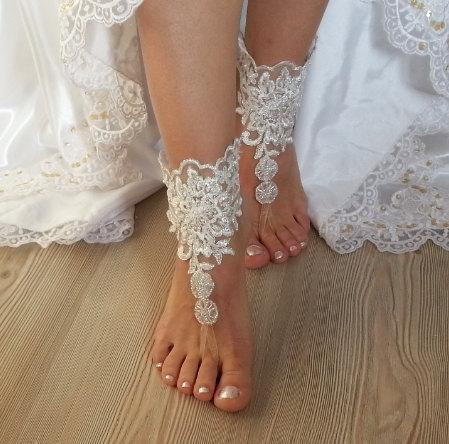 زفاف - ivory Barefoot silver frame , french lace sandals, wedding anklet, Beach wedding barefoot sandals, embroidered sandals.