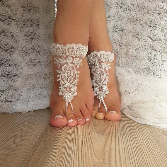 Hochzeit - ivory Barefoot silver frame , french lace sandals, wedding anklet, Beach wedding barefoot sandals, embroidered scaly beaded pearls sexy
