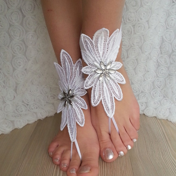 Hochzeit - white Barefoot , french lace sandals, wedding anklet, Beach wedding barefoot sandals, embroidered sandals.